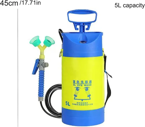 Vista 2 de Estación portátil de lavado de ojos de emergencia, capacidad 5L, contenedor de plástico azul y amarillo con medidor de presión, altura de 17.7 in