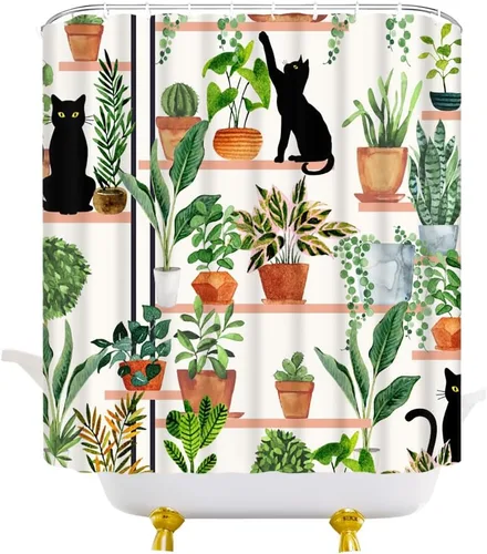 Vista 3 de Cortina de ducha con diseño de plantas y gatos, diseño de gatito negro, diseño bohemio, hojas verdes en maceta, tela estética botánica, cortinas