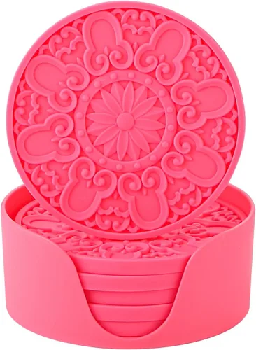 Vista 8 de Colinda Juego de 6 posavasos de silicona con soporte, alfombrillas antideslizantes para bebidas frías y calientes, diseños decorativos, embalaje