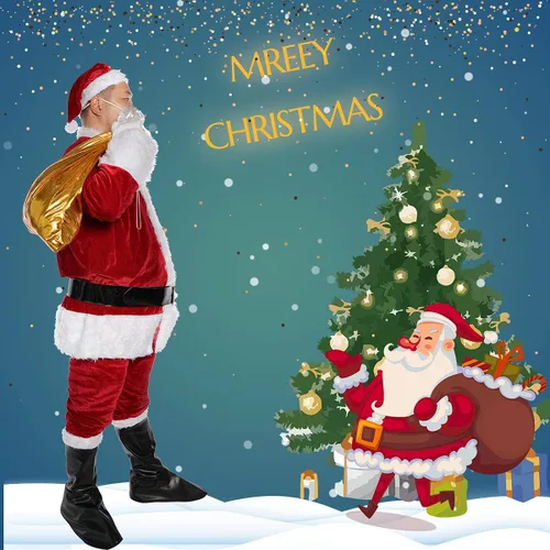 Vista 6 de Trajes de Papá Noel, disfraz clásico de Papá Noel, 9 piezas para hombres adultos, cosplay, vestido de Santa Claus de lujo