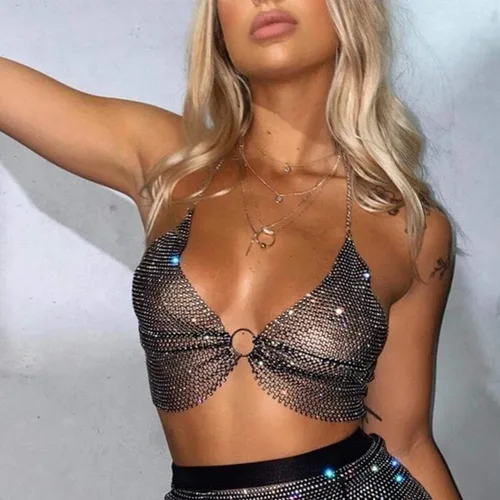 Vista 2 de Yokawe Sujetador de cristal sexy, cadena de cuerpo negro brillante con diamantes de imitación para bikini, brasier corto, fiesta, rave, festival