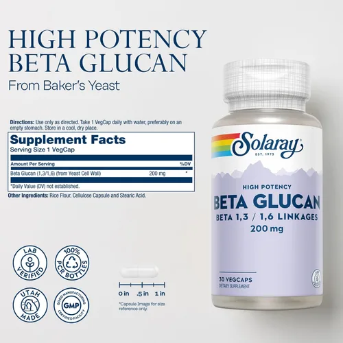 Vista 2 de SOLARAY Suplementos de beta glucano, apoyo inmunológico, apoyo cardíaco y digestivo con fibra beta glucano de levadura de panadero, alta potencia