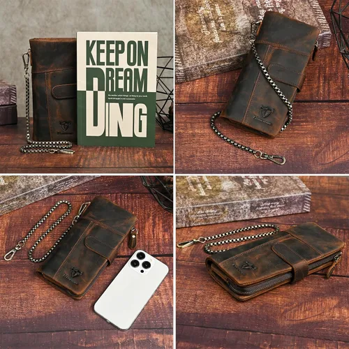 Vista 19 de Genuino Caballo Loco Cuero Regalo de Viaje Moneda Bolsillo Tarjetero Organizador Largo Cadena Rfid Cartera Monedero Con Broche Para Hombres Hombres