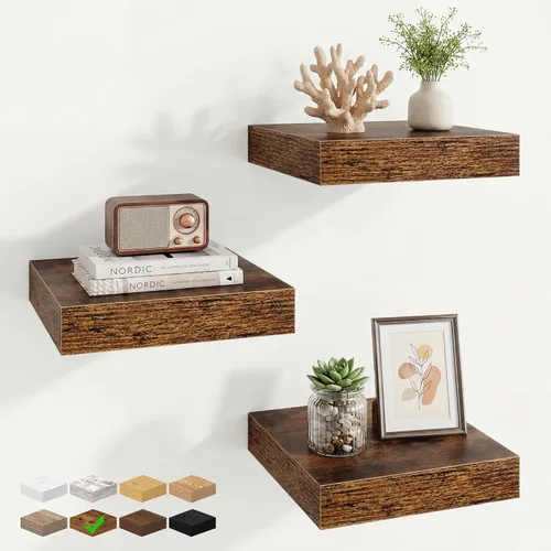 Vista 103 de Marsmiles 12in Depth Floating Shelves, 12x12x1.4, Rustic Brown, Set of 3 Marrón rústico