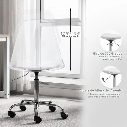 Vista 4 de Silla de escritorio transparente de acrílico con ruedas y altura