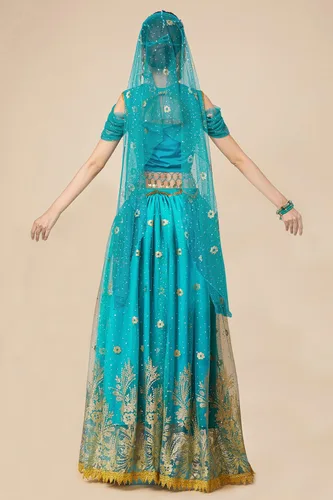 Vista 4 de Disfraces de princesa jazmín para mujer, disfraz de Aladdin para Halloween, cosplay, traje de danza del vientre