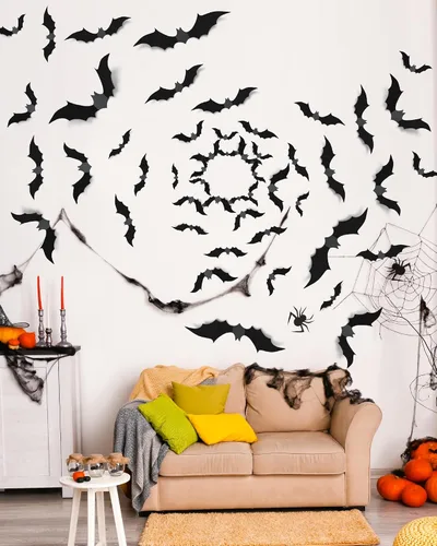 Vista 2 de 28 piezas de decoración de Halloween 3D, decoración de murciélagos 3D, 4 tamaños, decoración de Halloween aterradora para interiores, decoración