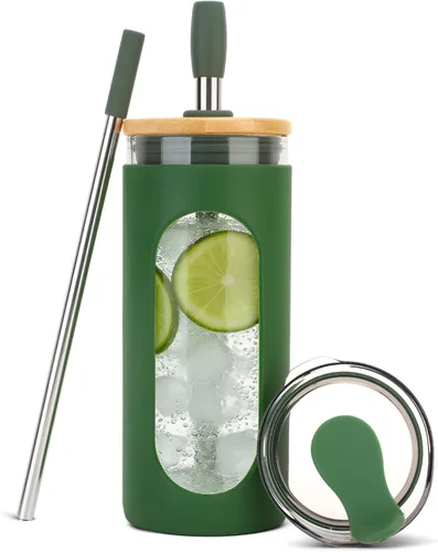 Vista 19 de Sursip - Vaso de vidrio de 20 oz con tapas y popotes, taza de café helado reutilizable de vidrio de borosilicato con tapa de bambú para batido, jugo