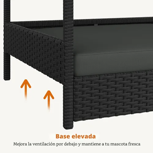Vista 9 de Yaheetech - Casa de mimbre para perros con toldo, color negro y gris Cama elevada para perros con cojín para perros pequeños/medianos, sombra