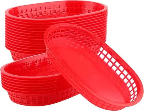 Vista 8 de Paquete de 24 cestas negras para servir comida rápida, de 11 x 7 pulgadas, forma ovalada de plástico para servicio de delicatessen, pan, perritos