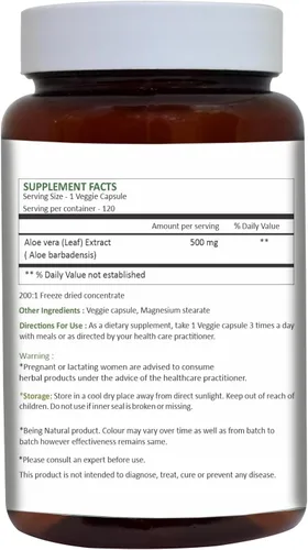 Vista 2 de HERBAL HILLS Cápsulas de aloe vera (Aloe barbadensis) 120 cápsulas (500 mg) Suplemento de polvo liofilizado de aloe puro, alta concentración