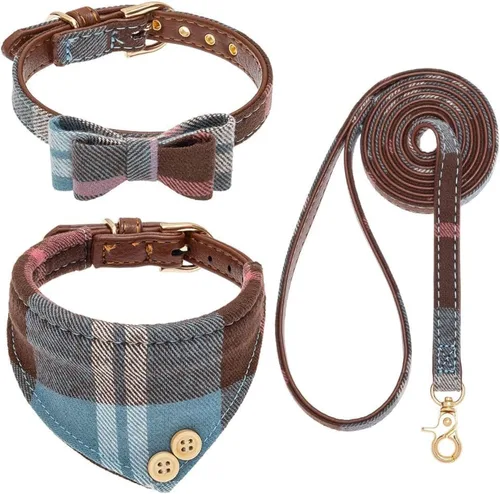 Vista 13 de EXPAWLORER Juego de collar y correa para cachorros, collar clásico a cuadros para perros pequeños con corbatín, bonito juego de collar y correa