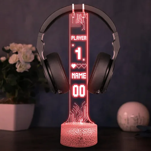 Vista 5 de NAZENTI Soporte LED personalizado para auriculares con diseño de marcador, soporte de escritorio para auriculares iluminado para hombres novio