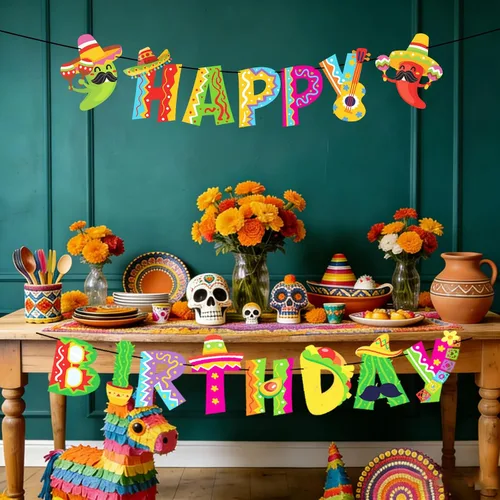 Vista 3 de Whaline 2 pancartas mexicanas de feliz cumpleaños Colorful Mexican Bunting Garland, Pre-assembled Cinco De Mayo Hanging Decor for Mexican Carnival