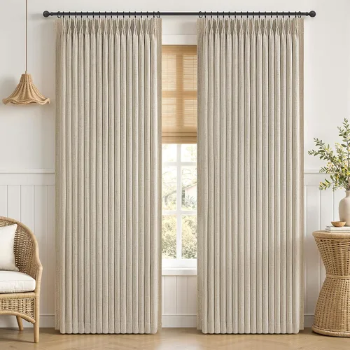Vista 10 de Cortinas plisadas de lino opacas de 96 pulgadas de largo, juego de 2 paneles para oscurecer la sala de estar/dormitorio, cortinas térmicas virales