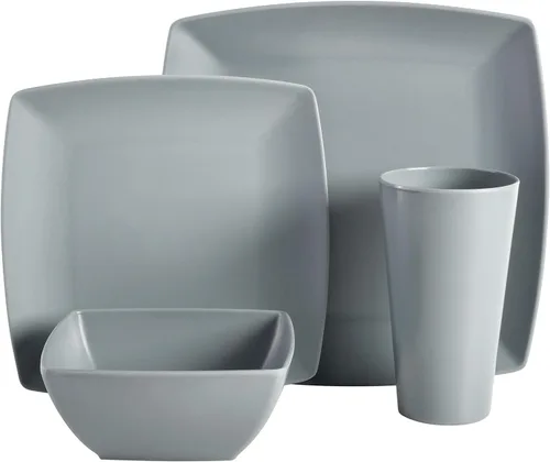 Vista 2 de Gibson Home Soho Grayson - Vajilla cuadrada de melamina para cuatro personas (16 unidades), color gris