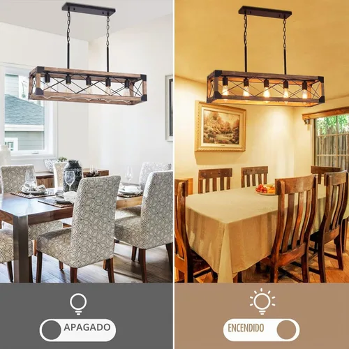 Vista 4 de Iluminación de Isla de Cocina Estilo Granja, Lámpara de Comedor de 5 Luces, Candelabro Lineal Estilo Granja con Madera Maciza para Comedor Cocina