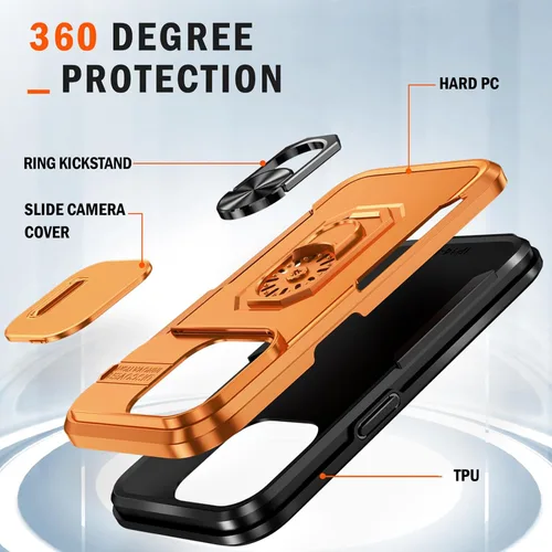 Vista 6 de Funda de teléfono para iPhone 14 Pro Max, funda para iPhone 14 Pro Max con cubierta para lente de cámara, con soporte de anillo y pie de apoyo