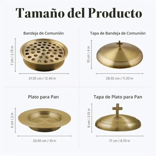 Vista 7 de Communion Ware - Bandeja para servir vino santo con tapa y un plato de pan apilable con tapa, acero inoxidable (latón/dorado)