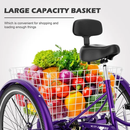 Vista 4 de H&ZT Triciclo para adultos, bicicleta de 3 ruedas, triciclo crucero, con cambio de 7 velocidades, manilla de freno de estacionamiento, paso bajo