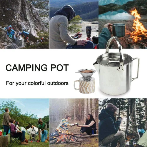 Vista 5 de Hervidor de té de acero inoxidable para camping, olla de senderismo portátil de 1.2 L con asas y tapas para camping, senderismo, picnic