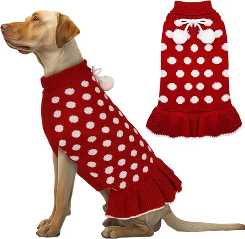 Vista 9 de KYEESE Suéteres para Perros con Agujero para la Correa Suéter Vestido Pequeño de Cuello Alto para Perros para Hembra Tejido de Lunares Cálido Ropa