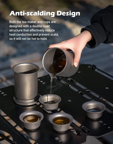 Vista 7 de iBasingo Juego de tetera de titanio de 13.5 fl oz con cubierta de filtro, tetera de doble capa para acampar al aire libre, picnic, senderismo