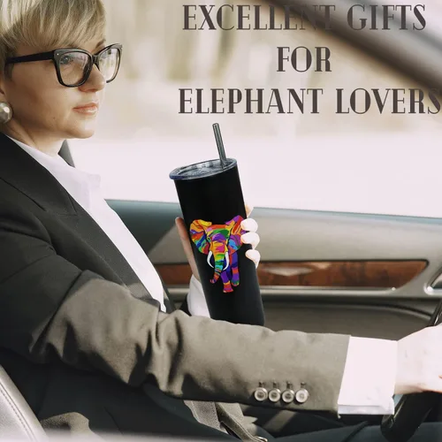 Vista 5 de Taza colorida de elefante con tapa y pajita, botella de agua delgada de 20 onzas con aislamiento térmico y taza de café, decoración bohemia, regalos