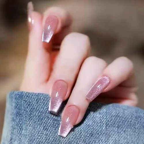 Vista 22 de Uñas postizas a presión largas, con brillo azul y diseño, acabado acrílico brillante, de cobertura completa, uñas postizas reutilizables para l002