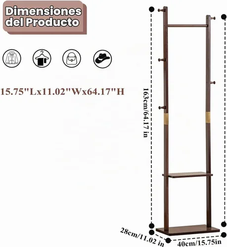 Vista 2 de SOBIBO Perchero de madera independiente con estantes y ganchos, 15.75 Nogal