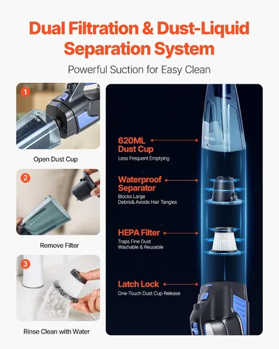 Vista 5 de VEVOR Aspiradora de mano, aspiradora portátil inalámbrica con filtro HEPA y cepillos, limpiador de mano ligero con potente succión, para automóvil