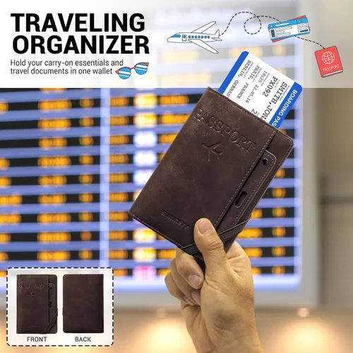 Vista 6 de YINHEXI Funda para pasaporte y funda para tarjeta de vacunación, funda para pasaporte con bloqueo RFID de cuero para mujeres y hombres, organizador