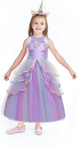 Vista 4 de Foierp Princess Unicorn Dress for Girls - Unicorn Costume with Headband Birthday Pageant Halloween Party Dresses Up 3-12Y