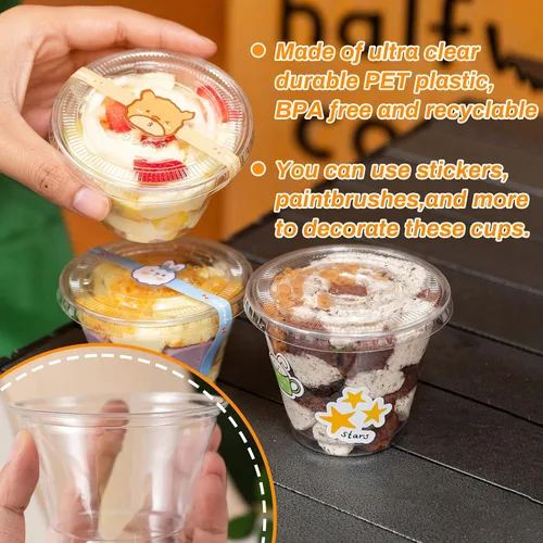 Vista 4 de Qinsihwn 100 Piezas Vasos de Plástico Desechables de 8 OZ con Tapas Planas, Vasos Transparentes de Porción con Tapas Planas, Recipientes de Plástico