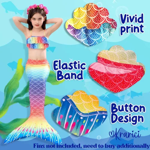 Vista 2 de Krarici Traje de baño de cola de sirena de 4 piezas, traje de baño de cola de natación, traje de cosplay para niñas y niños (sin monoaleta)