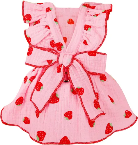 Vista 8 de Vestidos para perros pequeños, hembra, perro, gato, vestido lindo de algodón extra de verano, decoración de lazo, traje de cumpleaños, ropa de Rosa