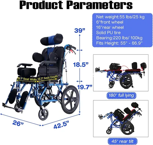 Vista 7 de Silla de ruedas Silla de ruedas totalmente acostada para accidente cerebrovascular hemiplejia discapacitada, parálisis cerebral, silla de ruedas
