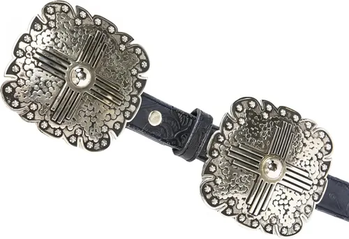 Vista 4 de Angel Ranch Cinturón de cuero en relieve floral negro para mujer con conchos cuadrados de tono plateado antiguo, hebilla extraíble