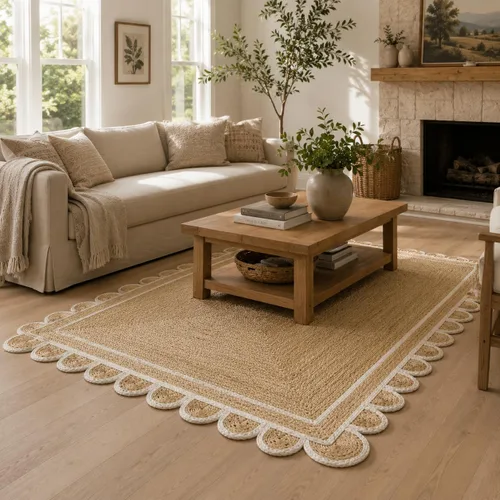 Vista 19 de Alfombra festoneada de yute natural, base natural con ribete blanco hueso, alfombra bohemia de granja hecha a mano con respaldo antideslizante