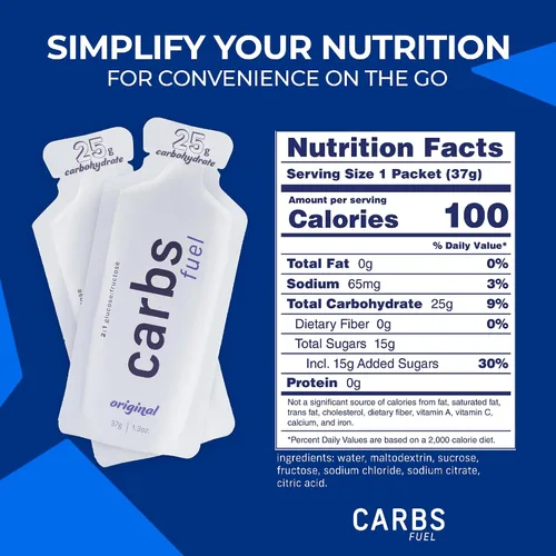 Vista 6 de Geles de Energía Originales Carbs Fuel 24 Gel 25g de Carbohidratos, 100 Calorías por Gel Sin Conservantes ni Agentes Gelificantes Sabor Ligero