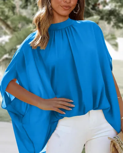 Vista 79 de BTFBM Blusas de verano para mujer, cuello alto falso, manga murciélago, holgadas, dobladillo alto y bajo, blusas informales de gran
