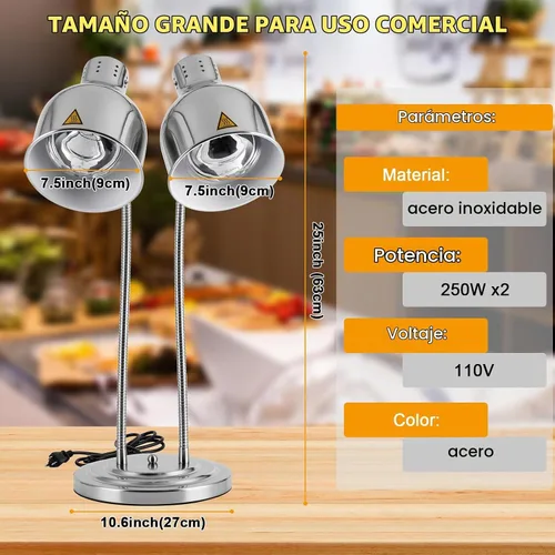 Vista 5 de Lámpara de calor de alimentos de doble cabeza 500W w/3 bombillas