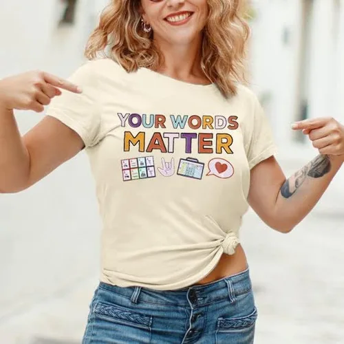 Vista 3 de Camiseta con texto en inglés "Your Words Matter", camiseta para profesora de educación especial, camiseta con gráfico inspirador
