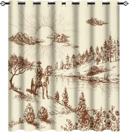 Vista 23 de Cortinas opacas retro de vaquero occidental para dormitorio, estilo rústico, cactus, salvaje oeste, vaquero, paseo, caballo, con ojales, aislamiento