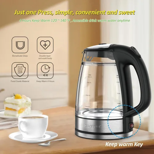 Vista 4 de NISVITU Hervidor eléctrico inalámbrico de vidrio y acero inoxidable para hervir agua, hervidor de agua caliente Hervidor eléctrico de té con apagado