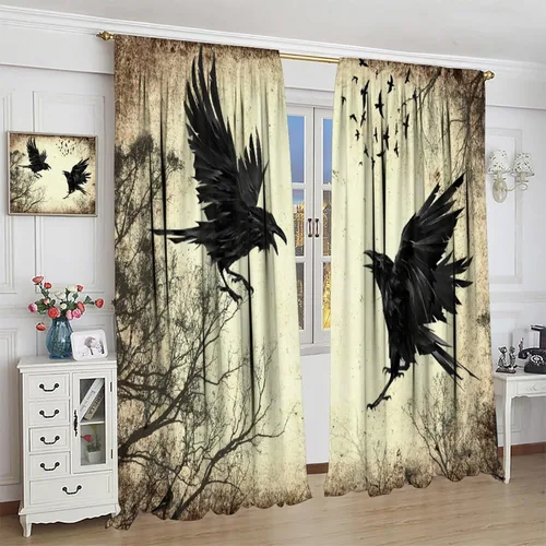 Vista 3 de Cortinas góticas de bosque de cuervos, para Halloween, espeluznante, negro, cuervo negro, alas oscuras, suspenso, bolsillo para barra, cortinas