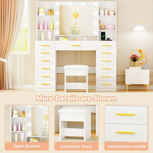 Vista 8 de ANWBROAD Escritorio de tocador con espejo y luces, juego de mesa de tocador de maquillaje blanco con parte superior de cristal, 13 cajones, 7