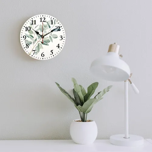 Vista 6 de Reloj de pared de madera de 10 pulgadas, acuarela, rústico, eucalipto, reloj de pared de madera rústica, cuarzo, sin tictac, número arábigo, hoja
