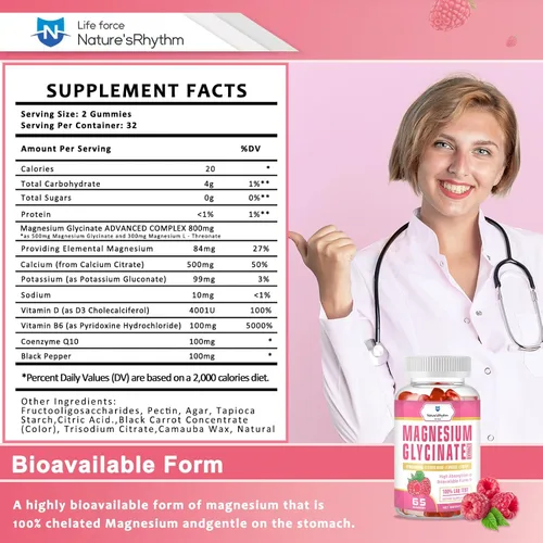 Vista 2 de Nature's Rhythm - Gomitas de magnesio de 500 mg - 65 unidades Suplementos de glicinato de magnesio para relajación, alivio del estrés y sueño