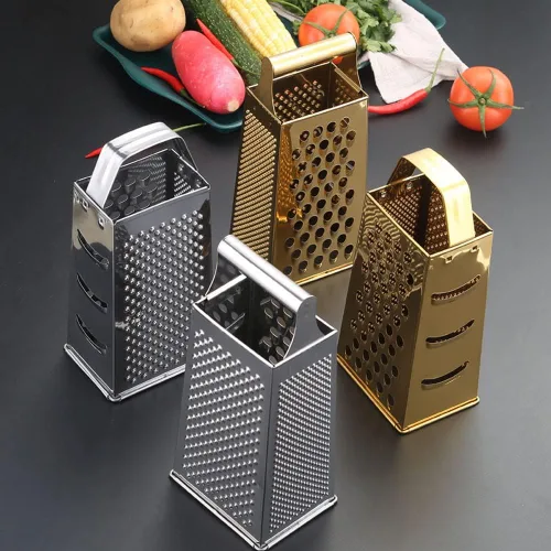 Vista 2 de Rallador de caja para cocina, rallador de queso de 4 caras, acero inoxidable dorado para queso, papa, pelador de zanahorias y rebanador, accesorios